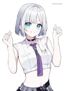 1girl absurdres arata_ryou artist_name belt black_belt black_choker blue_eyes buckle chain choker collared_shirt commentary_request cropped_shirt finger_heart grey_hair grey_skirt hands_up heart heart-shaped_buckle highres kaga_sumire kaga_sumire_(2nd_costume) looking_at_viewer midriff navel necktie parted_lips pendant_choker plaid_clothes plaid_skirt pleated_skirt purple_necktie shirt short_sleeves simple_background skirt smile solo square-end_necktie tie_clip upper_body virtual_youtuber vspo! white_background white_shirt