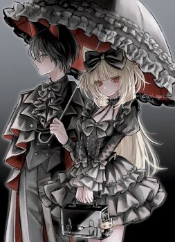 Rule 34 | 1boy, 1girl, absurdres, animal charm, animal ears, bag, black background, black bag, black bow, black dress, black hair, black pants, black umbrella, blonde hair, bow, charm (object), choker, commentary, cowboy shot, dress, frilled choker, frilled dress, frilled sleeves, frilled umbrella, frills, goth fashion, gothic lolita, gradient background, grey background, hair between eyes, hair bow, highres, holding, holding bag, holding umbrella, lolita fashion, long hair, long sleeves, looking at viewer, looking to the side, lulu (oysi mysi), original, oysi mysi, pants, parasol, puffy long sleeves, puffy sleeves, red eyes, red umbrella, short twintails, slit pupils, stuffed animal, stuffed toy, untranslatable commentary, twintails, two-tone umbrella, umbrella, water