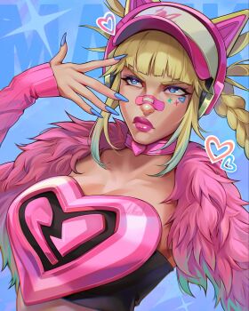 1girl animal_ear_headphones animal_ears annoyed bandaid bandaid_on_face bandaid_on_nose blonde_hair blue_background blue_eyes blue_eyeshadow blue_nails blunt_bangs braid breasts cat_ear_headphones cat_ears choker cleavage commentary english_commentary eyeshadow facial_mark fake_animal_ears fur_jacket hat headphones heart highres jacket looking_up low_twin_braids magik_(new_millenia_might)_(x-men) magik_(x-men) makeup marvel marvel_rivals noush official_alternate_costume pink_choker pink_hat pink_jacket pink_lips solo sparkle twin_braids upper_body x-men y2k_fashion