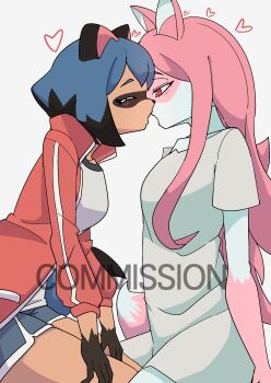 2girls absurdres animal_ears animal_nose blue_hair brand_new_animal brown_fur commission dolphin_shorts dress english_text fox_ears fox_girl fox_tail furry furry_female furry_with_furry heart highres hiwatashi_nazuna jacket kagemori_michiru kiss long_hair multicolored_hair multiple_girls mxdotesolu pink_fur pink_hair raccoon_girl red_eyes red_jacket shirt short_hair shorts simple_background snout tail tanuki tanuki_ears track_jacket white_background white_fur white_shirt yuri