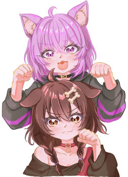 2girls :3 :d ahoge alternate_costume animal_ear_fluff animal_ears black_collar black_hoodie bone_hair_ornament brown_eyes brown_hair brown_shirt cat_ears cat_girl closed_mouth collar dog_ears dog_girl fang fangs hair_ornament highres hololive hood hoodie inugami_korone looking_at_viewer multiple_girls nekomata_okayu nekomata_okayu_(1st_costume) open_mouth paw_pose purple_eyes purple_hair red_collar rorol_reime shirt skin_fang skin_fangs smile virtual_youtuber white_background