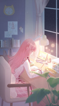 1girl analog_clock arms_on_table artist_request blunt_bangs book bookshelf bow bowtie brown_eyes chair chinese_commentary clock closed_mouth commentary_request copyright_name cowboy_shot cross-laced_clothes cross-laced_dress desk_lamp drawing_(object) dress dress_ribbon frilled_sleeves frills highres indoors lamp light_blush light_particles long_hair long_sleeves night night_sky nikki_(nikki) nikki_(series) notebook official_art on_chair open_book palm_leaf pen picture_frame pillow pinafore_dress pink_dress pink_hair plaid_clothes plaid_dress plant pleated_skirt potted_plant red_bow red_bowtie red_ribbon ribbon second-party_source shining_nikki shirt short_dress sidelocks sitting skirt sky sleeveless sleeveless_dress sleeves_past_wrists smile solo staple star_(sky) starry_sky sticky_note straight_hair studying very_long_hair white_shirt window writing