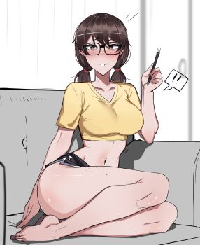 ! !! 1girl barefoot black-framed_eyewear black_shorts blush body_freckles breasts buck_teeth commentary couch crop_top dolphin_shorts english_text freckles full_body glasses highres holding holding_pen jimiko large_breasts looking_at_viewer low_twintails midriff mole mole_on_breast mole_on_thigh multiple_moles narrow_waist navel nose_blush on_couch original paid_reward_available pen shirt short_hair short_shorts short_twintails shorts sitting solo spoken_exclamation_mark stephanie_(ti_keep) t-shirt teeth thighs ti_keep twintails v-neck yellow_shirt yokozuwari zoomer_slang