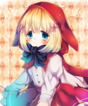1girl blonde_hair blunt_bangs blush buttons closed_mouth flower grimms_notes hair_between_eyes hair_flower hair_ornament hatasan hood hood_up long_sleeves looking_at_viewer medium_hair neck_ribbon pink_flower puffy_long_sleeves puffy_sleeves red_hood red_riding_hood_(grimms_notes) red_riding_hood_(original)_(grimms_notes) red_skirt ribbon shirt skirt smile solo striped_ribbon upper_body white_shirt
