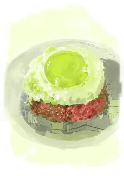 Rule 34 | egg (food), egg yolk, food, food focus, hamburger steak, highres, no humans, object focus, original, painting (medium), plate, slow d, still life, traditional media, white background