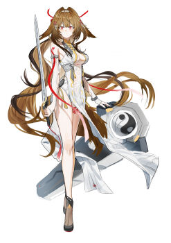 1girl absurdres bare_shoulders breasts brown_hair chinese_commentary closed_mouth commentary_request fox_tail full_body hair_flaps hair_ornament highres holding holding_sword holding_weapon leotard long_hair looking_at_viewer medium_breasts red_eyes see-through_cleavage see-through_clothes simple_background solo standing sword tail thighs very_long_hair weapon white_background white_leotard ye_shunguang yisjhui zenless_zone_zero