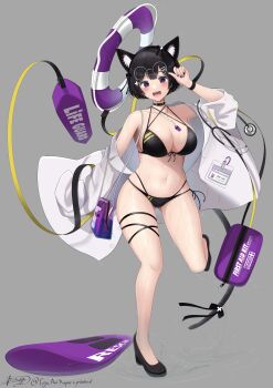 Rule 34 | 1girl, :d, absurdres, animal ear fluff, animal ears, bikini, black bikini, black hair, black hairband, blush, bow hairband, breasts, cat ears, cat girl, cat tail, criss-cross halter, eyewear on head, full body, glasses, hair ornament, hairband, hairclip, halterneck, highres, lab coat, large breasts, lifebuoy, lifeguard, looking at viewer, multi-strapped bikini, navel, open mouth, original, purple eyes, red-framed eyewear, ribbon, short hair, side-tie bikini bottom, signature, smile, solo, string bikini, swim ring, swimsuit, tail, tail ornament, tail ribbon, thigh strap, tojo aoi, x hair ornament