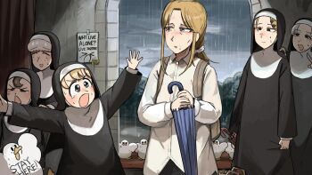 6+girls backpack bag bird blonde_hair blue_eyes blue_umbrella body_writing chicken clumsy_nun_(diva) commentary crying diva_(hyxpk) duck english_commentary english_text freckles froggy_nun_(diva) grey_hair highres holding holding_umbrella little_nuns_(diva) mole mole_on_cheek mole_under_mouth multiple_girls note nun rain red_umbrella sheep_nun_(diva) shirt smug_nun_(diva) strict_nun's_mother_(diva) strict_nun_(diva) tears traditional_nun triangle_mouth umbrella white_shirt