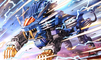 amasaki_yusuke artist_name blade_liger commentary electricity mecha mecha_focus mechanical_tail no_humans non-humanoid_robot open_mouth robot robot_animal running science_fiction sharp_teeth tail teeth zoids zoids_chaotic_century