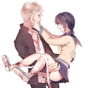 Rule 34 | 1boy, 1girl, ass, ayatoki, ayatoki-1, bad id, bad pixiv id, bandages, black eyes, black hair, blonde hair, blood, breasts, carrying, corpse party, hand on another's face, hand on own face, kishinuma yoshiki, long hair, low twintails, open mouth, panties, pantyshot, princess carry, red eyes, school uniform, serafuku, shinozaki ayumi, shoes, short hair, sideboob, simple background, skirt, smile, sweatdrop, twintails, underwear, uwabaki