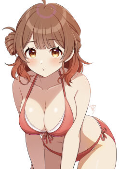 1girl ahoge bare_shoulders bikini blush breasts brown_eyes brown_hair cleavage closed_mouth collarbone commentary_request gakuen_idolmaster gradient_hair hair_bun hanami_ume highres idolmaster large_breasts leaning_forward looking_at_viewer medium_hair multicolored_hair navel red_bikini sakura_ran side-tie_bikini_bottom signature simple_background single_side_bun solo stomach swimsuit white_background