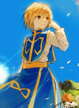 1boy blonde_hair blue_sky blue_tabard brown_eyes closed_mouth commentary_request earrings falling_petals flower highres hunter_x_hunter jewelry kurapika male_focus outdoors petals sevenlistening short_hair sky solo standing sunlight tabard teeth white_flower