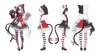 1girl absurdres alternate_costume animal_hood black_choker black_dress black_hair black_thighhighs cat_hood cat_tail choker closed_mouth commentary_request dress frilled_dress frills highres hood hood_up incredibly_absurdres lacrimosa_(nte) long_hair looking_at_viewer low_twintails melreon multicolored_hair neverness_to_everness red_streaks red_thighhighs reference_sheet solo split-color_hair streaked_hair striped_clothes striped_thighhighs tail thighhighs twintails very_long_hair white_hair white_thighhighs