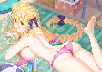 1girl ass backboob bare_back beach beach_towel bikini blonde_hair blush bow braid breast_press breasts butt_crack cooler date_a_live double_bun drink flip-flops frilled_bikini frills hair_between_eyes hair_bow hair_bun hoshimiya_mukuro large_breasts long_hair looking_back lotion low-tied_long_hair lying on_stomach open_mouth purple_bikini sandals single_braid smile solo strapless strapless_bikini sunscreen swimsuit thighs towel tsubasaki untied_bikini very_long_hair wristband yellow_eyes