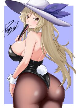 1girl absurdres ass back bare_shoulders black_leotard black_pantyhose blonde_hair blue_ribbon breasts choker cleavage cowboy_shot hand_fan hat hat_ribbon highres holding holding_fan large_breasts leotard long_hair pamu_art pantyhose playboy_bunny purple_background rabbit_tail ribbon sideboob solo strapless strapless_leotard tail thighs touhou watatsuki_no_toyohime white_choker white_hat white_wrist_cuffs wrist_cuffs yellow_eyes