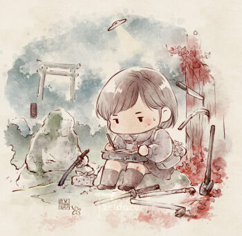 Rule 34 | 1girl, artist name, black eyes, black hair, black serafuku, black socks, blood, chibi, hammer, planted, planted sword, planted weapon, school uniform, serafuku, shimizu hinako, sickle, silent hill (series), silent hill f, sitting, socks, sweatdrop, sword, torii, ufo, watermark, weapon, zelda c wang