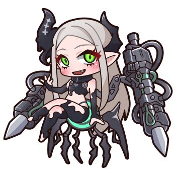 1girl :d absurdres black_bodysuit bodysuit bridal_gauntlets brown_hair chibi commentary_request crossed_legs fang forehead full_body goddess_of_victory:_nikke green_eyes highres horns leviathan_(nikke) looking_at_viewer open_mouth parted_bangs pointy_ears saishosaisekojo simple_background sitting smile solo white_background