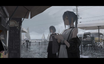 Rule 34 | 2girls, absurdres, bird, blue hair, boat, bracelet, cigarette, commentary, highres, holding, holding cigarette, jewelry, letterboxed, multiple girls, original, power lines, sailboat, short hair, twintails, watercraft, yzi (pixiv24609791)