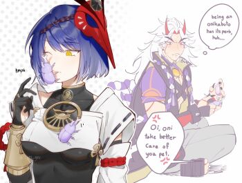 Rule 34 | 1boy, 1girl, anger vein, animal, animal on face, arataki itto, arm guards, bird mask, black bodysuit, black gloves, black nails, bodysuit, breast curtain, breasts, bug, chinese knot, closed mouth, commentary, covered collarbone, earrings, elbow gloves, english commentary, english text, eyelashes, frown, full body, genshin impact, geta, gloves, grey pants, hand up, highres, holding, holding animal, horns, indian style, jewelry, kujou sara, long hair, looking at animal, mask, mask on head, medallion, medium breasts, one eye closed, oni, onikabuto (genshin impact), outline, pants, polka dot, polka dot background, purple hair, purple rope, purple shirt, red eyes, red horns, red mask, rope, shirt, short hair, sitting, skin tight, speech bubble, sweat, swept bangs, tassel, tengu mask, thought bubble, twitter username, unholymilk, upper body, vision (genshin impact), white background, white hair, white outline, yellow eyes