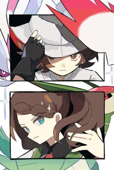 Rule 34 | 1boy, 1girl, 1l6wpwihya38112, blue eyes, brown eyes, brown hair, gen 5 pokemon, hat feather, highres, hilbert (champion) (pokemon), hilbert (pokemon), hilda (champion) (pokemon), hilda (pokemon), iron leaves, kyurem, legendary pokemon, necktie, nintendo, official alternate costume, pink necktie, pokemon, pokemon (creature), pokemon masters ex, tiara, upper body, white kyurem