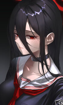 Rule 34 | 1girl, absurdres, black background, black choker, black hair, black serafuku, black shirt, blue archive, blush, choker, closed mouth, collarbone, commentary, gradient background, grey background, hair between eyes, hasumi (blue archive), hayron, highres, long hair, looking at viewer, mole, mole under eye, neckerchief, red eyes, red neckerchief, sailor collar, school uniform, serafuku, shirt, solo, upper body, white sailor collar