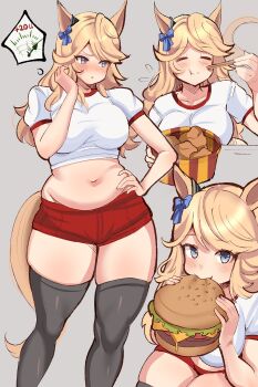 1girl absurdres blue_eyes blush breasts burger chopsticks closed_eyes closed_mouth eating feet_out_of_frame food gold_city_(umamusume) grey_background grey_thighhighs highres holding holding_burger holding_chopsticks holding_food large_breasts looking_at_viewer looking_to_the_side multiple_views navel no_nose noiretox plump red_shorts shirt short_shorts shorts t-shirt thick_thighs thighhighs thighs tsurime umamusume upper_body weighing_scale white_shirt