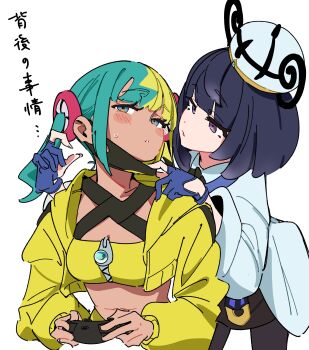 1girl 2girls absurdres aqua_hair atenaba bandeau black_dress black_hair black_mask black_pantyhose blonde_hair blue_eyes blue_gloves blunt_bangs blush blush_stickers bob_cut breasts canari_(pokemon) coat controller criss-cross_straps dark-skinned_female dark_skin dress game_controller gloves gradient_hair gwynn_(pokemon) hat highres holding holding_controller holding_game_controller jacket long_sleeves mask mask_pull mega_stone mouth_mask multicolored_hair multiple_girls nintendo open_clothes open_coat pantyhose parted_lips partially_fingerless_gloves pokemon pokemon_legends:_z-a purple_eyes purple_hair short_hair short_twintails split-color_hair sports_bra twintails two-tone_hair two-tone_mask white_coat yellow_bandeau yellow_jacket yellow_mask yellow_sports_bra yuri