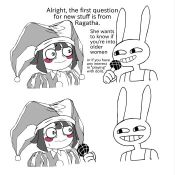 1boy 1girl blush comic english_text hat highres holding holding_microphone jax_(the_amazing_digital_circus) jester jester_cap jester_costume jester_girl microphone overalls pomni_(the_amazing_digital_circus) rabbit_boy sweat the_amazing_digital_circus