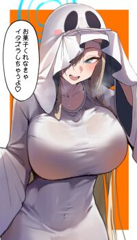1girl absurdres asuna_(blue_archive) blonde_hair blue_archive blue_eyes blue_halo blush breasts cosplay dress ghost_costume ghost_girl_(niyeye2019) ghost_girl_(niyeye2019)_(cosplay) ghost_mask hair_over_one_eye halloween halloween_costume halo highres large_breasts long_hair looking_at_viewer open_mouth sheet_ghost shiro_marimo sleeves_past_fingers sleeves_past_wrists smile solo tight_clothes tight_dress very_long_hair white_dress