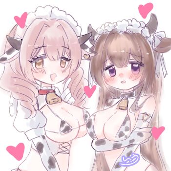 Rule 34 | 2girls, animal ears, animal print, arm under breasts, azur lane, bell, bikini, blush, breasts, brown hair, cleavage, cow ears, cow girl, cow horns, cow print, cow print bikini, cow print gloves, cowbell, cowpens (azur lane), cowpens (milky ministrations) (azur lane), drill hair, fake animal ears, fake horns, frilled hairband, frills, gloves, hairband, heart, highres, horns, i upiyo01, kashino (azur lane), kashino (fresh and sweet) (azur lane), large breasts, micro bikini, multiple girls, neck bell, official alternate costume, parted lips, pink hair, print bikini, print gloves, purple eyes, simple background, swimsuit, upper body, white background, yellow eyes