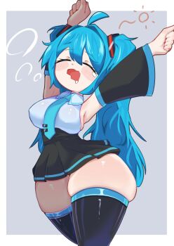 1girl absurdres adamadamode ahoge aqua_hair armpit_crease arms_up black_skirt black_thighhighs blush_stickers breasts closed_eyes collared_shirt commentary_request detached_sleeves feet_out_of_frame hair_between_eyes hair_ornament hatsune_miku highres long_hair medium_breasts necktie shirt skindentation skirt sleepy sleeveless sleeveless_shirt solo squeans stretching thick_thighs thighhighs thighs twintails two-tone_background unkempt very_long_hair vocaloid wide_hips