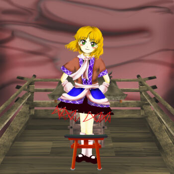 1girl arm_warmers arms_behind_back black_shoes blonde_hair blue_skirt blush_stickers brown_jacket commentary_request green_eyes jacket kams looking_at_viewer mizuhashi_parsee scarf shoes short_hair skirt smile socks solo torii touhou white_scarf white_socks zun_(style)