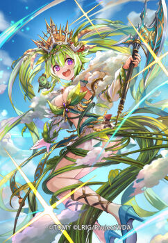 1girl axe blue_sky breasts cleavage clothing_request cloud copyright_notice green_hair hokuyuu holding holding_axe jackbeans_(wixoss) looking_at_viewer medium_breasts medium_hair official_art outdoors purple_eyes sky smile solo twintails wixoss