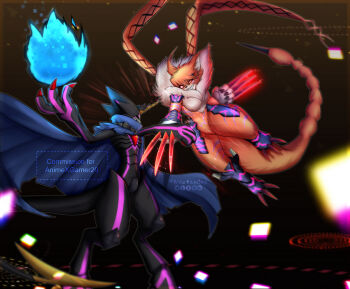 +_+ 10s 1boy 1girl armor attack battle breasts cape claws digimon digimon_adventure_tri. fighting fighting_stance fur_collar furry glowing glowing_eyes glowing_markings gulusgammamon highres horn meicrackmon_vicious_mode neon_trim neotamine no_nipples no_pussy red_eyes sharp_nails tail