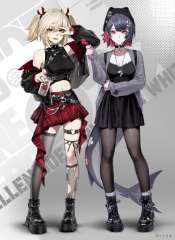 2girls alternate_costume artist_name asymmetrical_legwear black_boots black_choker black_dress black_hair black_hat black_jacket black_pantyhose black_socks black_tank_top black_thighhighs blonde_hair boots breasts burnice_white candy choker dress ellen_joe fins fish_tail food full_body grey_sweater hashtag-only_commentary hat highres holding holding_candy holding_food holding_lollipop jacket jewelry large_breasts licking_lips lollipop m_alexa midriff mismatched_legwear multicolored_hair multiple_girls navel necklace pantyhose red_eyes red_hair red_nails red_skirt shark_girl shark_tail short_hair skirt socks sweater tail tank_top thigh_strap thighhighs tongue tongue_out torn_clothes torn_socks twintails two-tone_hair v v_over_eye zenless_zone_zero