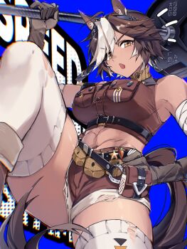 1girl animal_ears black_gloves blue_background breasts brown_hair brown_shorts brown_vest gloves hair_intakes hair_over_one_eye hammer highres holding holding_hammer horse_ears horse_girl horse_tail indie_virtual_youtuber jenshenya large_breasts looking_at_viewer open_mouth short_hair shorts solo tail thighhighs tomoe_umari tomoe_umari_(1st_costume) vest virtual_youtuber white_hair white_thighhighs