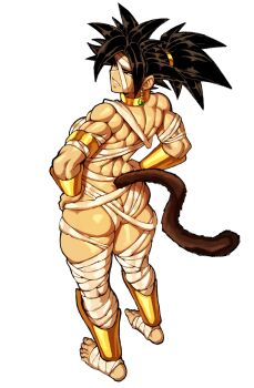 1girl absurdres alternate_costume ass back bandaged_arm bandaged_leg bandages black_eyes black_hair bracelet dragon_ball dragon_ball_super earrings feet full_body gold hands_on_own_hips highres jewelry kefla_(dragon_ball) kuurantto looking_to_the_side mummy_costume muscular muscular_arms muscular_back muscular_female muscular_legs potara_earrings serious spiked_hair tail thick_thighs thighs toeless_legwear white_background