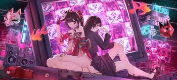 2girls absurdres back-to-back bare_legs barefoot bell black_footwear black_skirt brown_hair closed_mouth dress dual_persona flower fox_mask from_side full_body geez glasses hair_flower hair_ornament hair_ribbon hand_on_own_knee hand_on_own_thigh highres honkai:_star_rail honkai_(series) jingle_bell long_hair long_sleeves mask mask_on_head multiple_girls outdoors red_dress red_eyes ribbon sandals screen seiza sitting skirt smile socks sparkle_(honkai:_star_rail) sparkle_(school_uniform)_(honkai:_star_rail) speaker twintails unworn_sandals white_socks