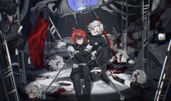 6+boys absurdres ahoge aotsuki_eito armband black_boots black_pants blood blood_in_hair blood_on_clothes blood_on_face blue_eyes boots chain chained clone commentary corpse crossed_arms disembodied_eye english_commentary gakuran geta glasses gloves grey_hair highres hole_in_chest hole_on_body kilo782524 last_defense_academy_school_uniform looking_at_viewer male_focus multicolored_hair multiple_boys pants reaching red_hair school_uniform scythe short_hair spoilers stage stage_lights streaked_hair string string_of_fate sumino_takumi sword the_hundred_line_-last_defense_academy- weapon white_armband white_gloves