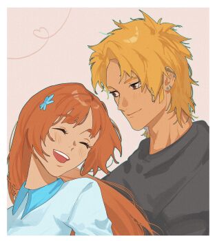 1boy 1girl absurdres black_shirt bleach blonde_hair blue_collar border brown_eyes closed_eyes closed_mouth collar collared_shirt earrings hair_ornament highres inoue_orihime jewelry kurosaki_ichigo light_blush long_hair looking_at_another multiple_earrings open_mouth orange_hair origoism parted_bangs pink_background shirt short_hair smile snowflake_hair_ornament teeth upper_teeth_only white_border white_shirt