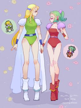 2girls armor artist_name belt blonde_hair blue_belt blue_eyes blue_hairband boots bracer breasts cape celes_chere closed_eyes eakanasu earrings final_fantasy final_fantasy_vi flower full_body green_hair green_leotard hair_ribbon hairband heattech_leotard highres holding_hands jewelry leotard long_hair looking_at_another medium_breasts multiple_girls parted_bangs pauldrons pink_flower pixel_art_inset pointy_ears ponytail purple_background purple_belt purple_ribbon red_boots red_leotard ribbon rose shoulder_armor sideboob sidelocks standing strapless strapless_leotard thigh_gap tina_branford turtleneck white_boots white_cape yellow_flower yellow_rose