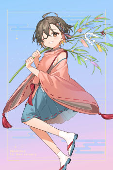 1girl ;d ahoge artist_self-insert blue_ribbon blue_skirt brown_eyes brown_hair character_name character_request clothing_request commentary detached_sleeves english_commentary foot_out_of_frame grin hair_ribbon hands_up highres holding indie_virtual_youtuber kaisake_(utp) long_sleeves looking_at_viewer miniskirt one_eye_closed open_mouth pink_ribbon pleated_skirt ribbon sandals short_hair skirt smile socks solo virtual_youtuber white_socks wide_sleeves