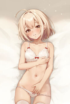 1girl ahoge blonde_hair blush bob_cut bow bow_bra bow_panties bra brown_eyes ca_paria collarbone commentary_request cowboy_shot double-parted_bangs groin hair_intakes hand_up looking_at_viewer lying navel on_back original panties panty_pull parted_lips short_hair solo stomach underwear underwear_only white_bra white_mouth white_panties
