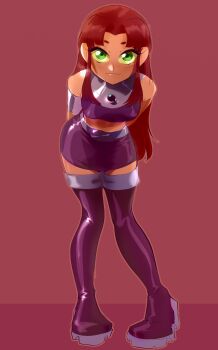 1girl 8log4icy :3 absurdres armbinder boots breasts closed_mouth colored_sclera colored_skin commentary dc_comics english_commentary full_body green_eyes green_sclera highres leaning_forward long_hair looking_at_viewer medium_breasts navel orange_skin shiny_skin simple_background smile solo starfire