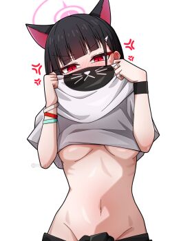 1girl anger_vein animal_ears black_hair blue_archive blush breasts cat_ears clothes_lift commentary extra_ears groin hair_ornament hairclip halo highres kazusa_(band)_(blue_archive) kazusa_(blue_archive) lifting_own_clothes manli medium_breasts navel no_bra pink_halo red_eyes shirt shirt_lift simple_background solo stomach underboob white_background white_shirt wristband