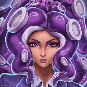 1girl catboi_arry grey_jacket highres indie_virtual_youtuber instagram_logo instagram_username jacket long_hair momma_occo nintendo octoling portrait purple_eyes purple_hair solo splatoon_(series) tentacle_hair twitter_logo twitter_username virtual_youtuber