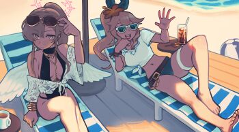 2girls absurdres ball barefoot beach beach_chair beach_umbrella beachball belt black_one-piece_swimsuit blonde_hair blue_archive blue_eyes bracelet breasts chain cleavage_cutout clothing_cutout coffee_mug crossover cup day dragalia_lost drinking_straw earrings elisanne glass hair_ornament halftone halo highres jewelry long_hair looking_at_viewer lying midriff mug multiple_girls nagisa_(blue_archive) navel ocean on_back one-piece_swimsuit open_mouth outdoors piku184 ponytail sand sitting strapless swimsuit tube_top umbrella wallet_chain water waving white_tube_top