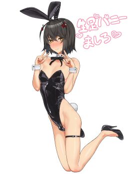 1boy absurdres animal_ears bare_shoulders belt black_bow black_hair black_shoes blush bobby_pin bow collarbone commentary_request covered_navel detached_collar double_v earrings fake_animal_ears fake_tail fang fingernails hair_between_eyes heart high_heels highleg highleg_leotard highres jewelry karasu_(jjwh2832) legs leotard long_fingernails looking_at_viewer male_focus male_playboy_bunny mashiro_meme navel nervous nijisanji pectorals penis penis_peek playboy_bunny rabbit_ears rabbit_tail red_nails safety_pin_hair_ornament shiny_clothes shoes short_hair simple_background single_earring skin_fang small_penis solo stomach sweatdrop tail thigh_belt thigh_strap thighs translation_request trap v white_background yellow_eyes