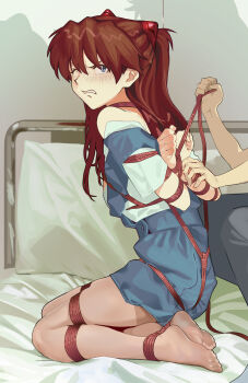 1boy 1girl arms_behind_back bdsm blue_eyes bondage bound bound_ankles bound_arms bound_legs bound_wrists brown_hair chinese_commentary clenched_teeth commission crotch_rope glaring highres ikari_shinji indoors kneeling neon_genesis_evangelion no_shoes on_bed pantyhose restrained second-party_source shibari shibari_over_clothes skindentation soles souryuu_asuka_langley teeth yewang19