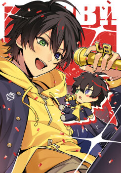 2boys :d :o ahoge badge black_choker black_hair blue_eyes blue_jacket blue_pants blush blush_stickers border bright_pupils button_badge chibi choker commentary drawstring drop_shadow dual_persona eye_contact film_grain fingernails floating_clothes gakuran green_eyes grey_shirt hair_between_eyes halftone hand_up heterochromia holding holding_microphone honeycomb_(pattern) honeycomb_background hood hood_down hoodie hypnosis_mic hypnosis_microphone jacket jacket_over_hoodie long_sleeves looking_at_another male_focus microphone mini_person miniboy mole mole_under_eye mole_under_mouth multiple_boys multiple_moles open_clothes open_jacket open_mouth orang_333 outline outside_border pants partially_unzipped red_background school_uniform shirt short_hair smile sparkle symbol-only_commentary teeth upper_body upper_teeth_only white_border white_outline white_pupils yamada_saburo yellow_hoodie zipper zipper_pull_tab